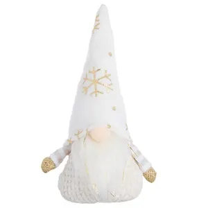 Figurina Decorativă Gnome de Crăciun cu Caciulă Albă și Fulgi Aurii 15cm