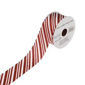 Panglică decorativă pentru brad de Crăciun, albă cu dungi roșii și sclipici, 5m x 38mm