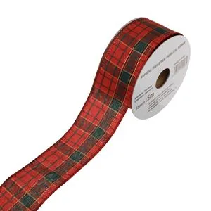 Panglică decorativă de Crăciun, Roșu cu carouri și glitter, 5m x 38mm, cu sarmă pe margini