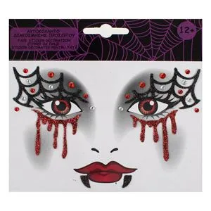 Tatuaj temporar cu vampir, autocolant pentru fata, rosu, cu strasuri si efect de sange, pentru Halloween si carnaval