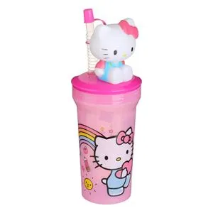 Pahar Plastic Roz cu Pai și Design 3D Hello Kitty 400ml