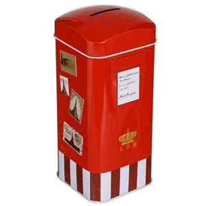 Pusculiță metalică în formă de cabină telefonică, cu capac, 7x7x16cm, roșie