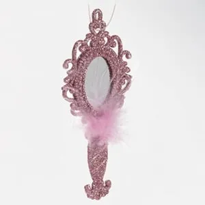 Ornament Brad Oglinda Roz Glitter cu Pene pentru Decorațiuni de Crăciun