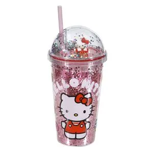 Pahar Plastic cu Perete Dublu, Capac și Pai Roz Hello Kitty 475ml