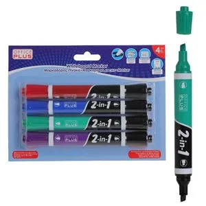 Set Markere Duble pentru Tablă Albă, 4 Bucăți - Negru, Roșu, Albastru, Verde, Mov