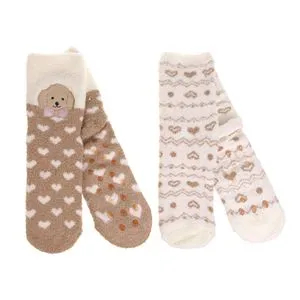 Sosete Pufoase Ecru Bej cu Model Inimi și Catelus 3D Anti-slip