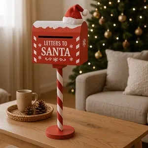 Cutie Postală Decorativă de Crăciun din Lemn cu Zăpadă și Caciulă