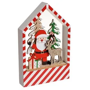 Decoratiune de Craciun casă din lemn cu Mos Craciun și brazi