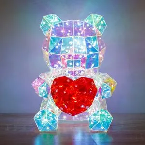 Lampă LED cu formă de ursuleț, Iridescentă, cu Inimă Roșie, 14x15x19cm