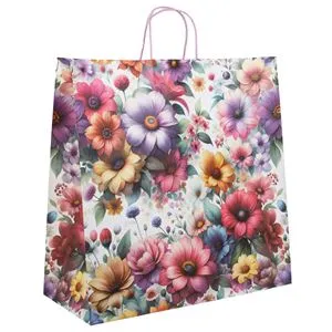 Sacoșă cadou din hârtie kraft cu model floral și mânere lila