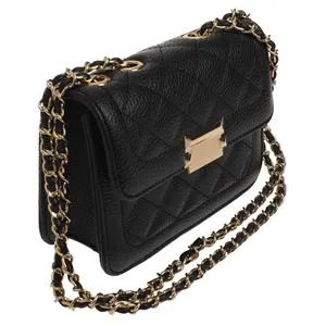 Posetă Crossbody Neagră cu Model Romburi și Lanț Auriu, 17x6x13cm