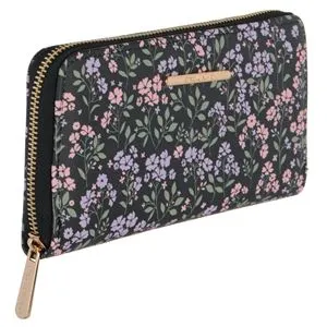 Portofel pentru femei, Negru cu Model Floral, 19,5x11x2,5cm