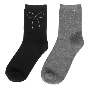 Sosete dame negre gri cu fundita argintie si strase premium