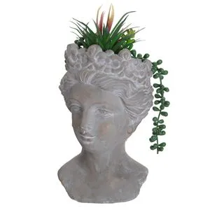 Ghiveci decorativi din ciment în formă de bust feminin cu plante artificiale