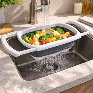 Strecurătoare pliabilă din plastic, 5,5 L, alb și gri, cu mânere extensibile