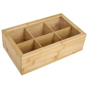 Cutie de bambus cu 6 compartimente și capac cu fereastră din sticlă pentru ceai, 30x18x9 cm