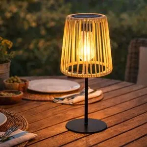 Felinar Solar de Masă cu Abajur din Rattan și Bază Metalică