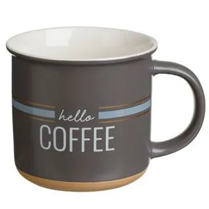 Cana New Bone Gri Mat cu Margine Albă și Mesaj Hello Coffee, 370 ml