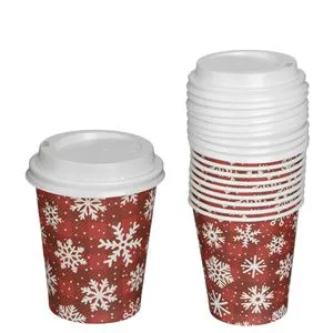Pahare de hârtie roșii cu model carouri și fulgi, cu capace, 270 ml, set 10 buc