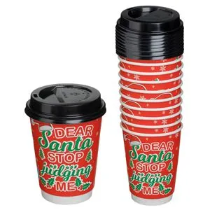 Pahare de carton rosii cu model de Craciun, 360ml, 10 buc, cu capace intarite