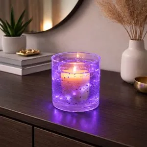 Lumanare decorativa în pahar cu LED și gel cu glitter mov