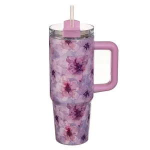 Cana Termos Inoxidabil Roz cu Imprimeu Floral - Pai Reutilizabil 900ml