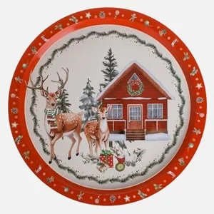 Tava decorativă metalică Crăciun cu casă și renii