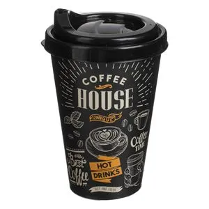 Pahar plastic negru pentru cafea cu capac și orificiu de scurgere