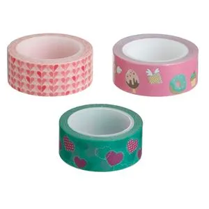 Benzi adezive decorative Washi Tape cu modele inimi și dulciuri, 3 buc, 5 m x 1,5 cm, roz și verde