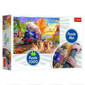 Puzzle cu cățeluși lângă tren, 1000 de piese, cu covoraș de depozitare