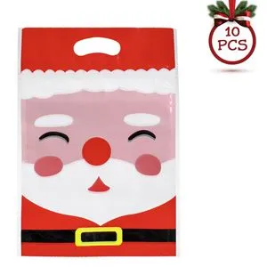 Pungi cadou rosii cu model Mos Craciun, cu inchidere zip, 15x23cm, 10 bucati