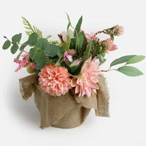 Ghiveci decorativ cu iuta si flori artificiale roz, Ø14x34cm