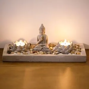 Set Decorativ cu Baza din Ciment, Figurina Buddha si Lumanari Pastila, 30x12cm