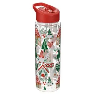 Sticla de apa cu model de Craciun, 700 ml, transparenta, cu pai integrat si capac flip top