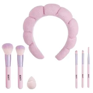 Set de Machiaj cu Pensule, Burete și Coroniță pentru Păr – 7 Piese, Roz
