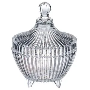 Bombonieră din sticlă transparentă cu design elegant și capac gravat în dungi