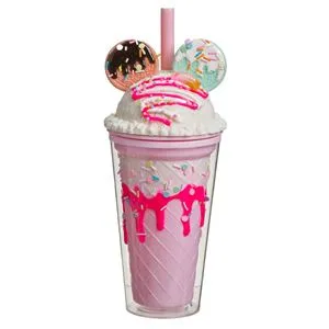 Pahar din plastic cu capac si pai, 450 ml, roz, model granita si biscuiti