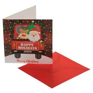 Felicitare mini de Crăciun cu Moș Crăciun și ren, model carouri roșii și verzi, cu sclipici, 9,5x9,5 cm, cu plic
