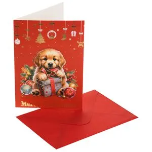 Felicitare de Crăciun Roșie cu Cățeluș, Cadou și Ornamente, 12x17cm, cu Plic