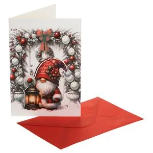 Felicitare de Crăciun cu Gnome și Felinar, 13x19 cm, cu Plic Roșu