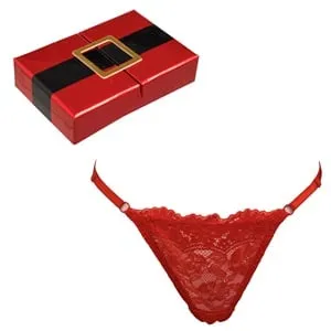 Chiloti String Dama Rosu cu Dantelă în Cutie Model Santa pentru Crăciun