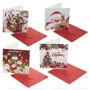 Felicitări de Crăciun cu Glitter, 4 Modele, 15x15 cm, Set 4 buc