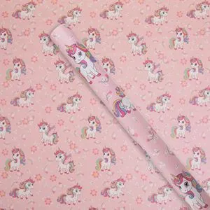 Hartie de Ambalare Roz cu Unicorn și Flori - Dimensiune 150x70cm