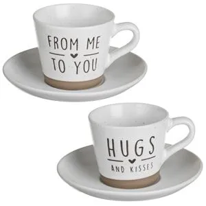 Set 2 Cesti Ceramice Maro Ecru cu Farfurie & Mesaje, 250ml