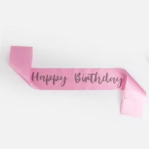 Panglică pentru petrecere aniversară, roz, cu imprimeu Happy Birthday din strasuri
