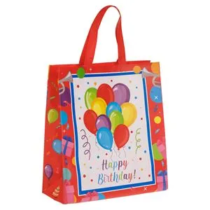 Geantă textilă roșie cu baloane și mesaj Happy Birthday pentru petreceri
