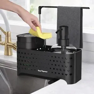 Suport Organizare Chiuvetă Perforat cu Dispenser pentru Detergent și Bureți