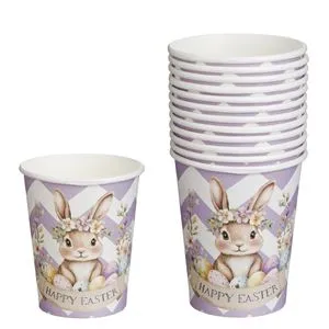 Pahare de Petrecere din Carton cu Model de Paste, 12 buc, 240ml, Alb si Lila