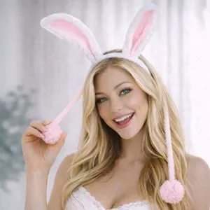 Bentita de deghizare cu urechi de iepure cu miscare, blana sintetica alba si roz, 24 cm