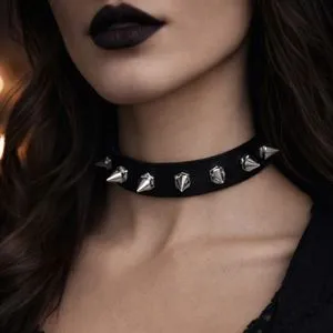 Colier Choker cu Tinte, Piele Neagră, Argintiu, Reglabil